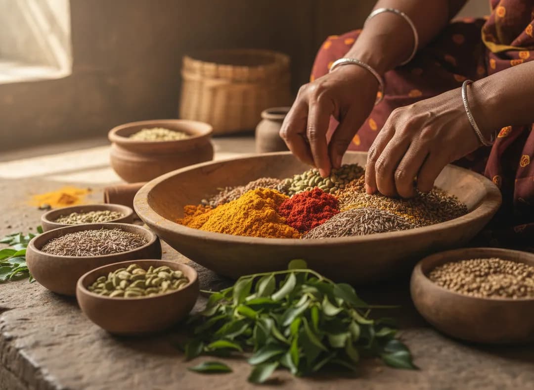 Hands blending whole spices in a wooden bowl